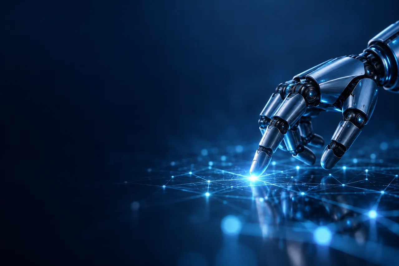 A robotic hand reaching towards a glowing point in a network of connected nodes