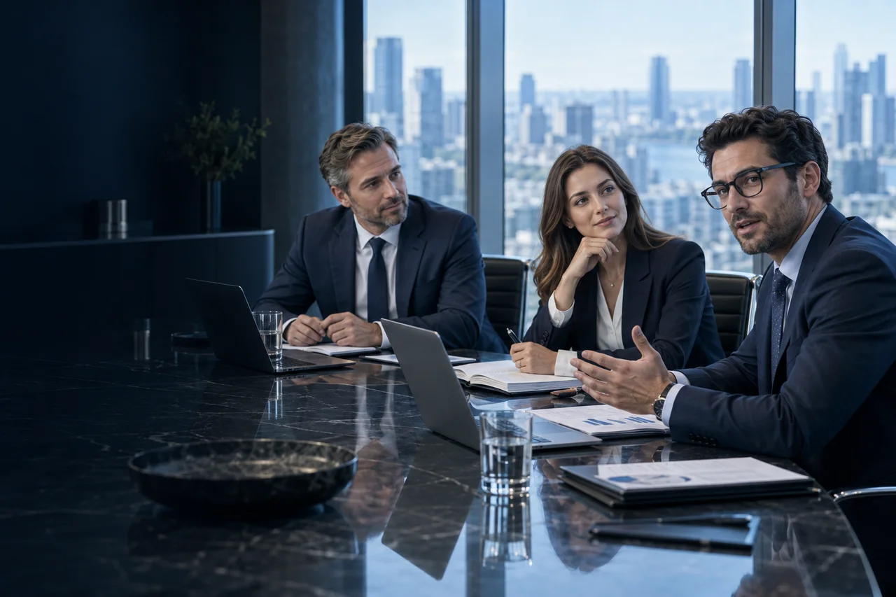Three consultants in discussion around a boardroom table with a laptop and documents