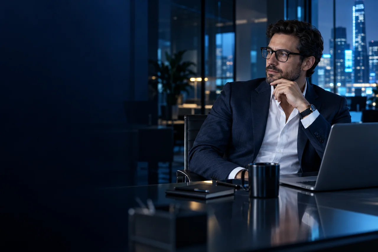A consultant at a laptop in an office at night, the city lights behind, reviewing business figures