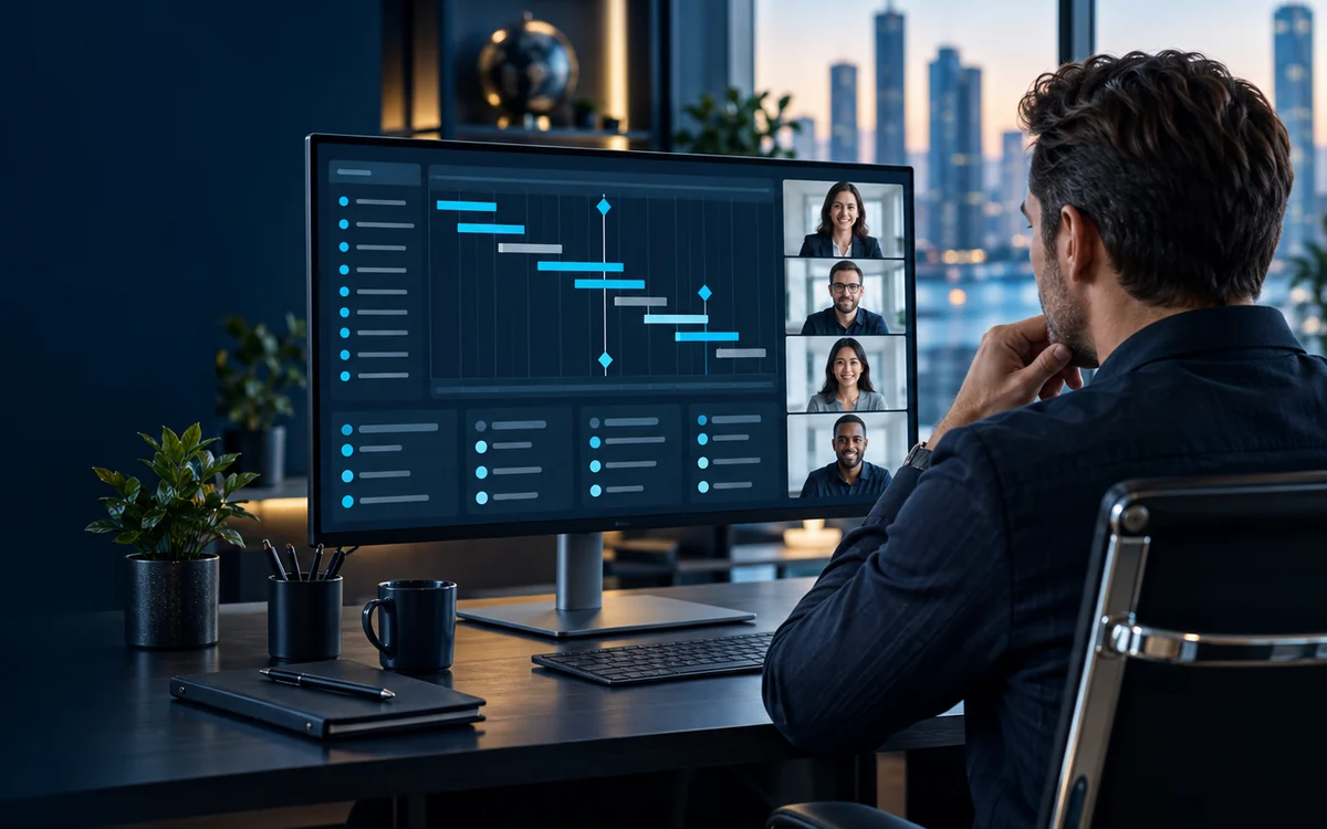 A manager at a desk reviewing a project timeline on a monitor while vendor teams join on a video call