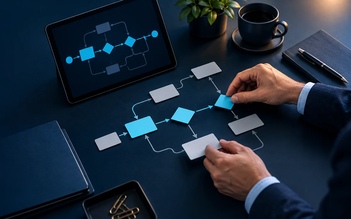 Hands arranging process step cards into a flow on a desk, with the same flow shown on a tablet